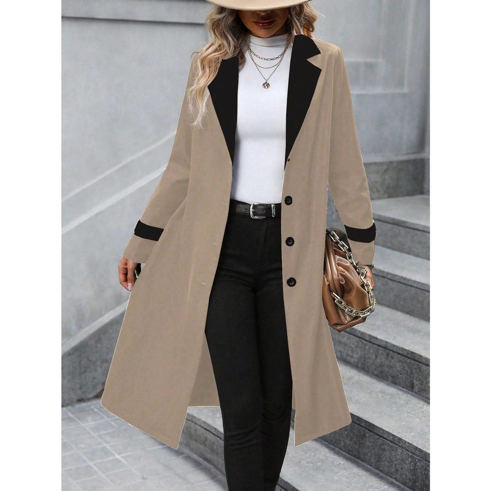 Two Tone Lapel Collar Belted Trench Coat preppy - Picture 3 of 9